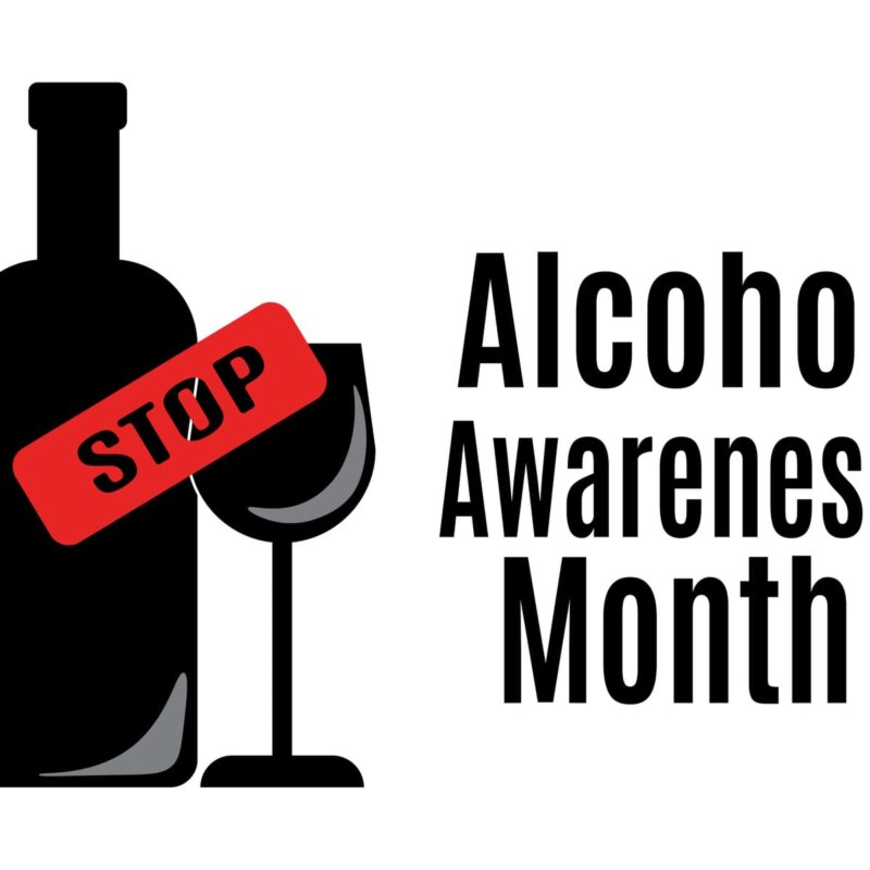 Alcohol Awareness Month Poster with black alcohol bottle and wine glass with the word stop in red stamp black type.